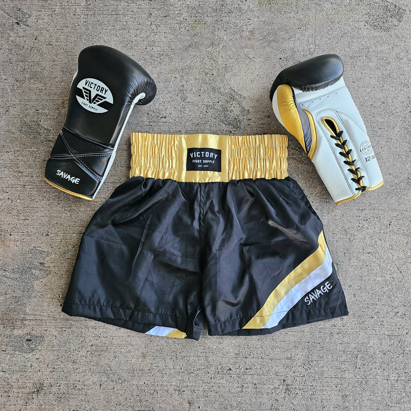 VICTORY BOXING SHORTS SAVAGE HYBRID BLACK/GOLD/WHITE