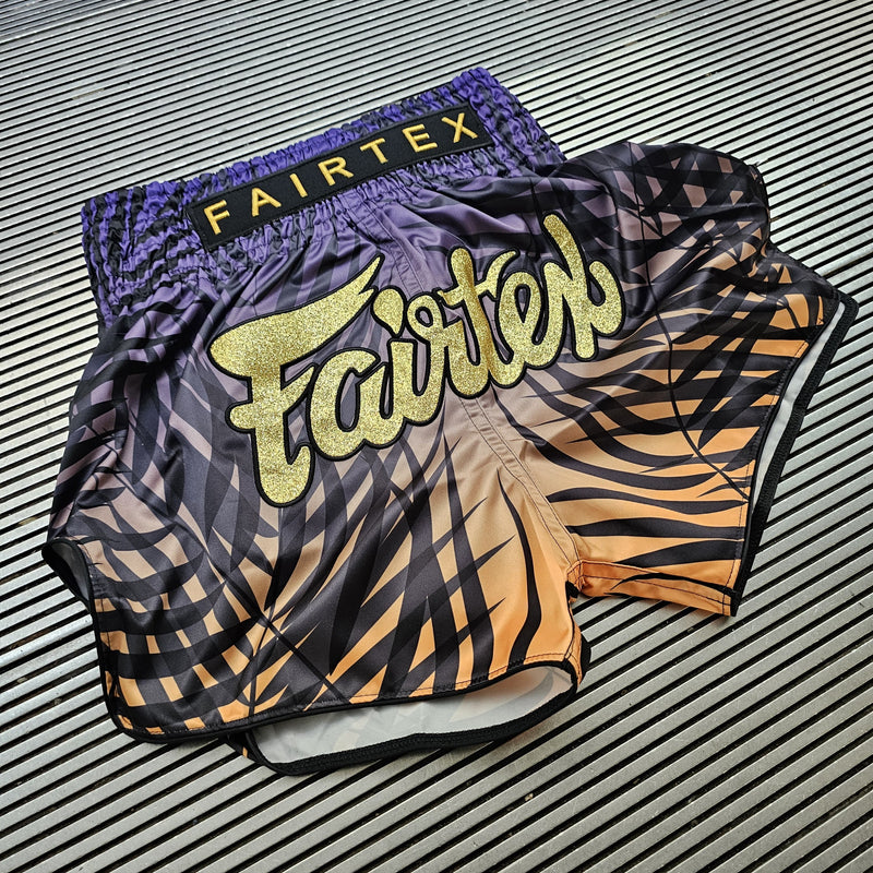 FAIRTEX THAI SHORTS SLIM CUT SATIN DAWN PURPLE/YELLOW