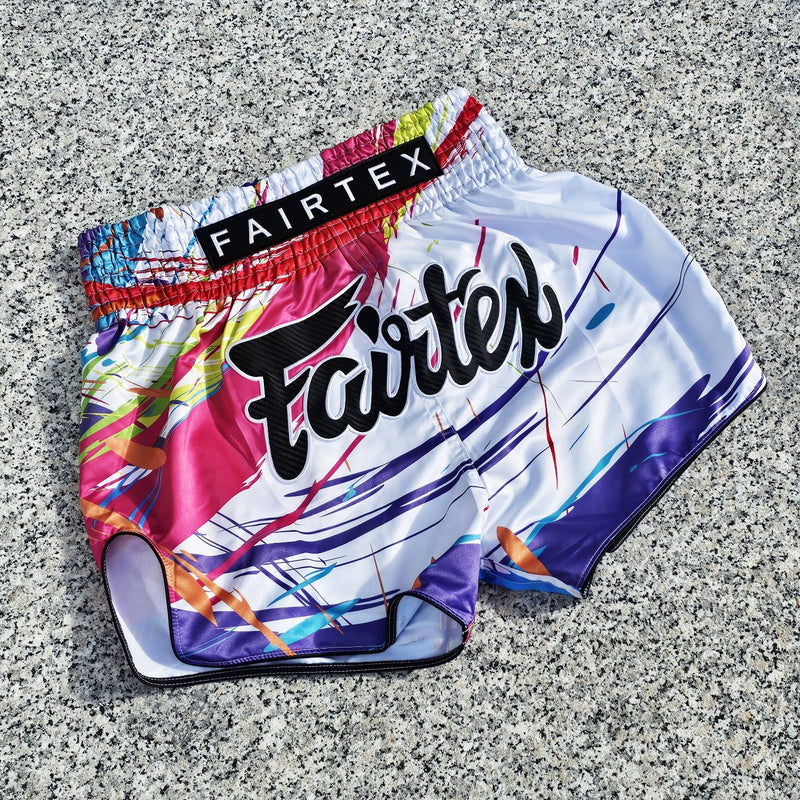 FAIRTEX THAI SHORTS SLIM CUT SATIN WORLD MUSIC WHITE/MULTICOLOR