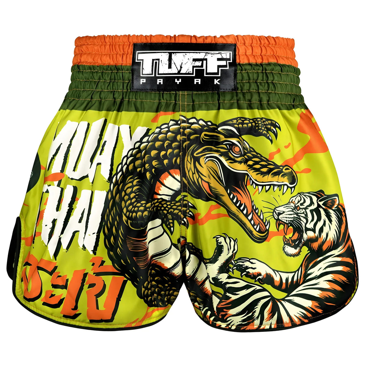 TUFF MUAY THAI SHORTS HIGH CUT RETRO LORD OF THE DEEP GREEN/ORANGE