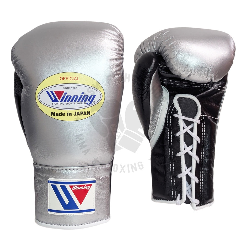 WINNING GLOVES PRO FIGHT CUSTOM LACE UP SILVER/BLACK
