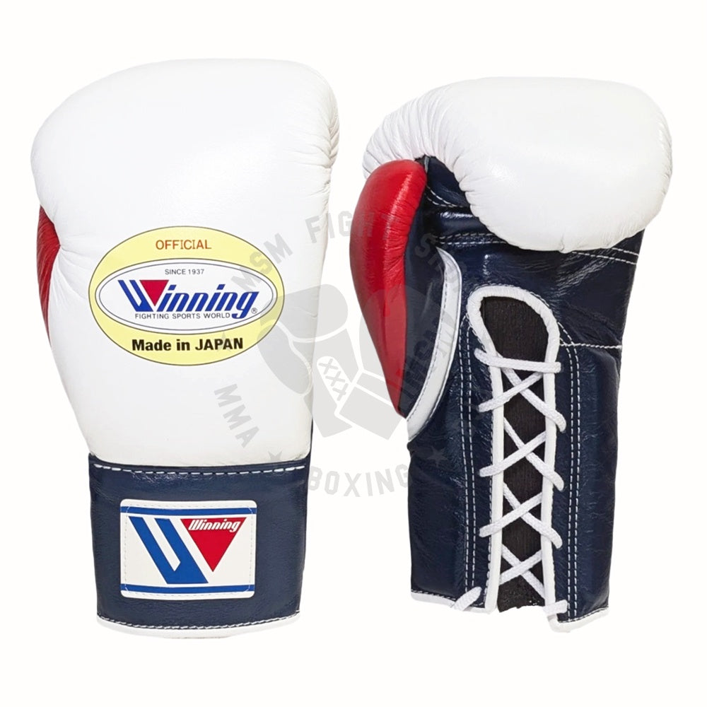 WINNING GLOVES PRO FIGHT CUSTOM LACE UP 10OZ WHITE/NAVY/RED – MSM - Main Image