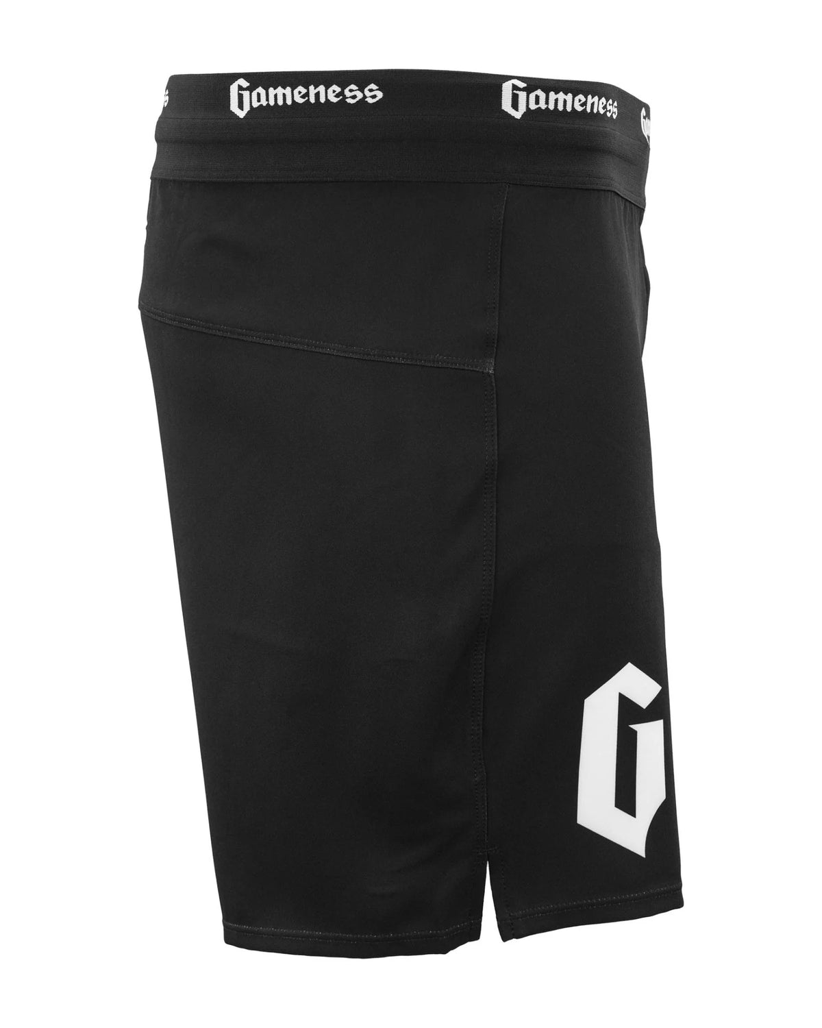 Black shorts with 'Gameness' branding on a white background