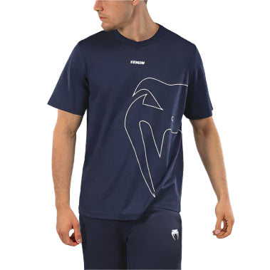Man wearing a navy blue athletic outfit with a logo on a gray background