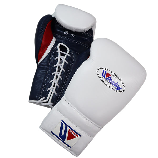 WINNING GLOVES CUSTOM LACE 16OZ WHITE NAVY RED MSM FIGHT SHOP