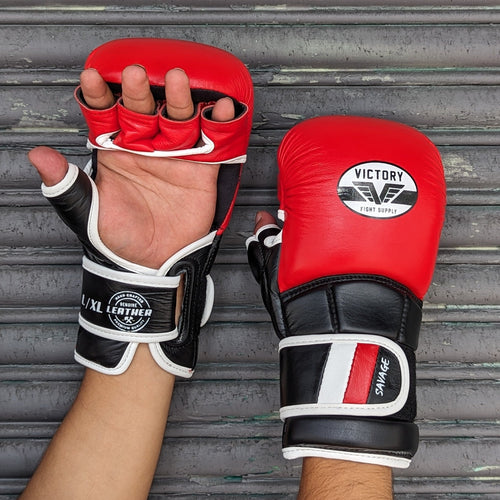 VICTORY MMA GLOVES SPARRING SAVAGE LEATHER BLACK/RED