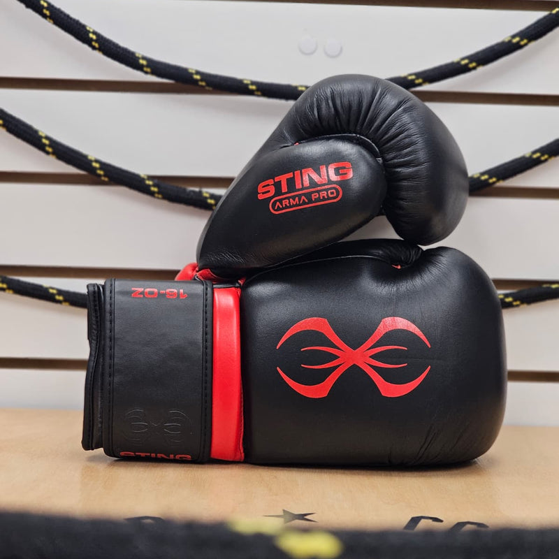 STING BOXING GLOVES ARMAPRO LEATHER HOOK LOOP BLACK RED