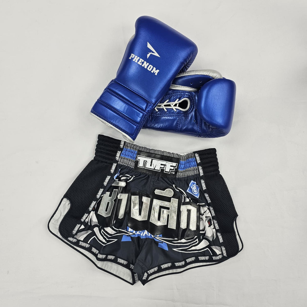 TUFF MUAY THAI SHORTS RETRO WAR ELEPHANT BLUE/SILVER