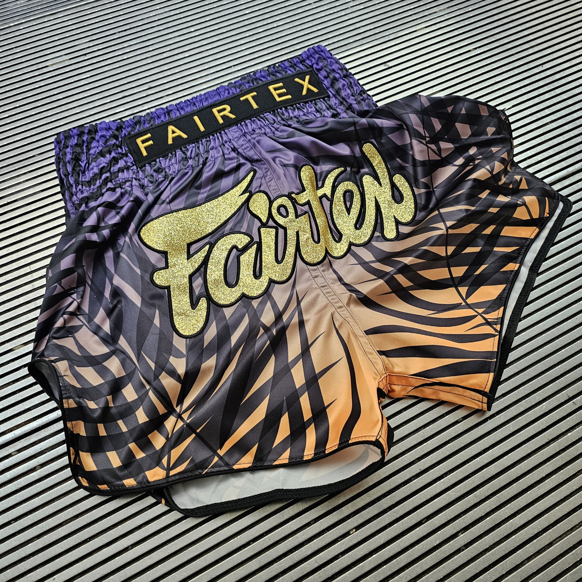FAIRTEX THAI SHORTS SLIM CUT SATIN DAWN PURPLE/YELLOW