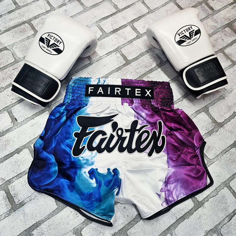 FAIRTEX THAI SHORTS SLIM CUT SATIN TECH HOUSE WHITE BLUE PURPLE