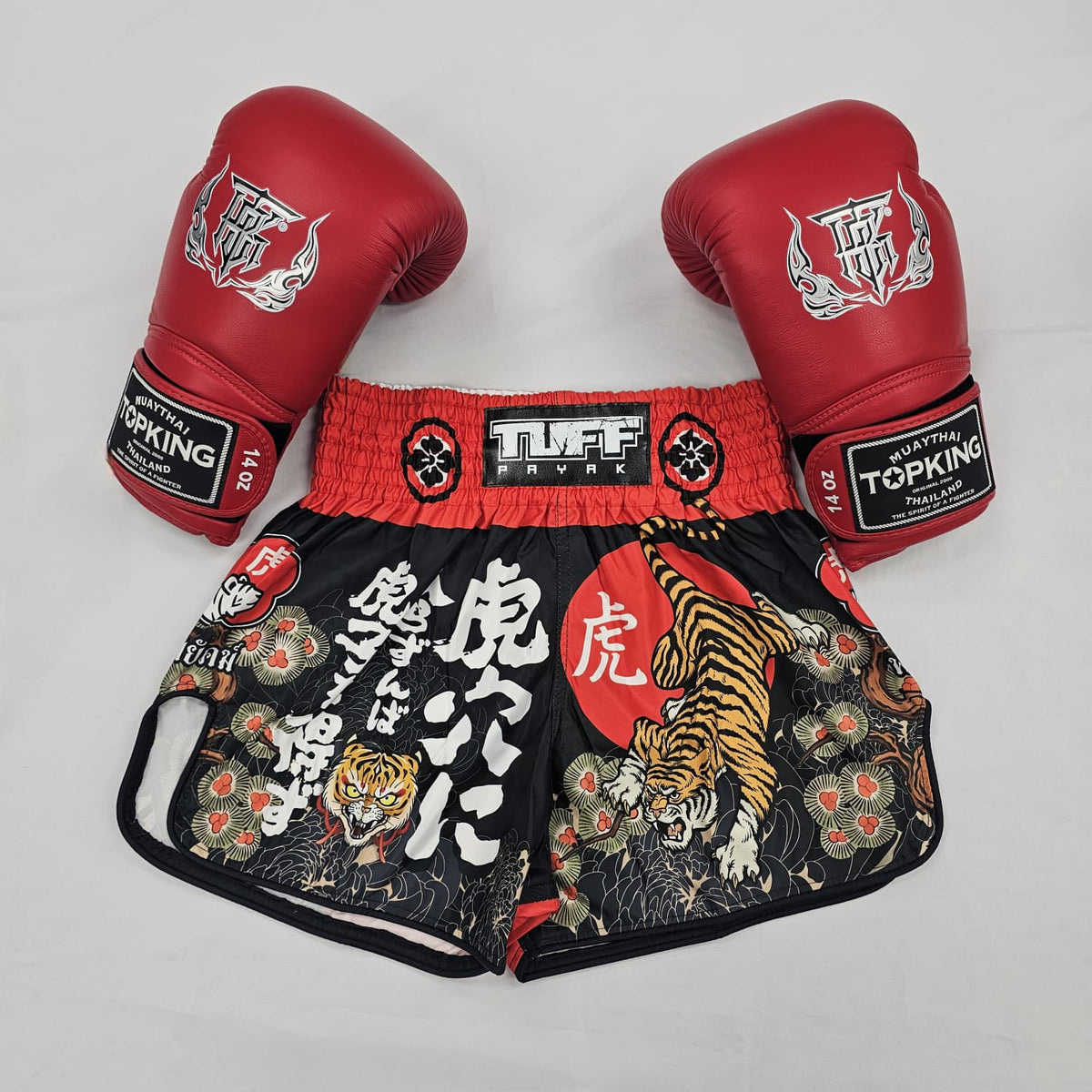 TUFF MUAY THAI SHORTS HIGH CUT RETRO DEN OF THE BRAVE BLACK/RED