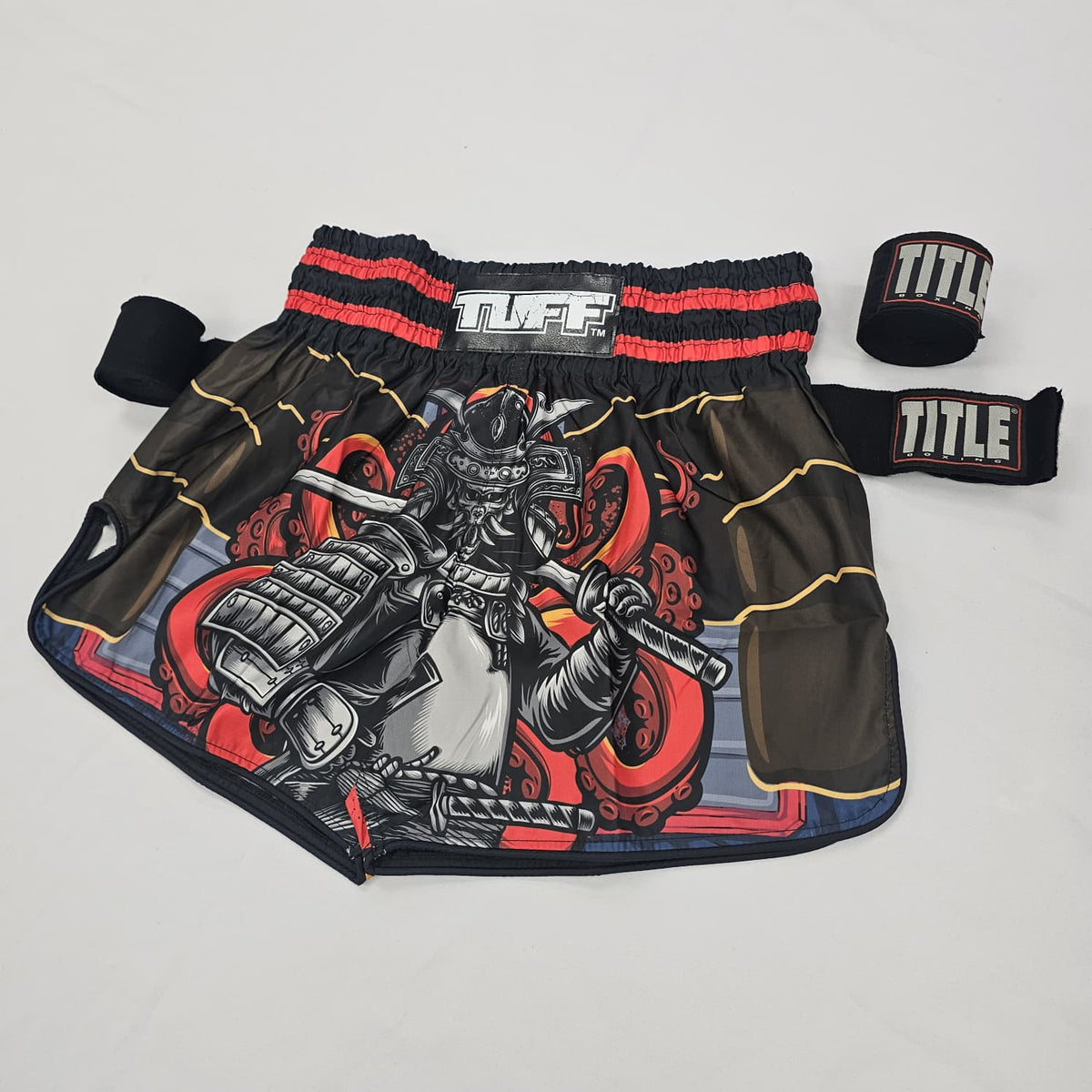 TUFF MUAY THAI SHORTS HIGH CUT RETRO UNDEFEATED STEEL BLACK/RED