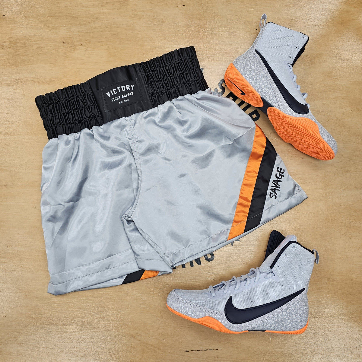 VICTORY BOXING SHORTS SAVAGE HYBRID GREY/BLACK/ORANGE