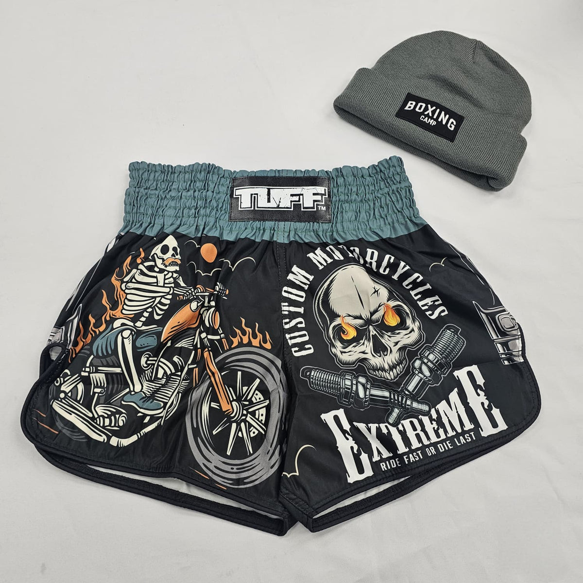 TUFF MUAY THAI SHORTS HIGH CUT RETRO SKULL RIDER BLACK/BLUE