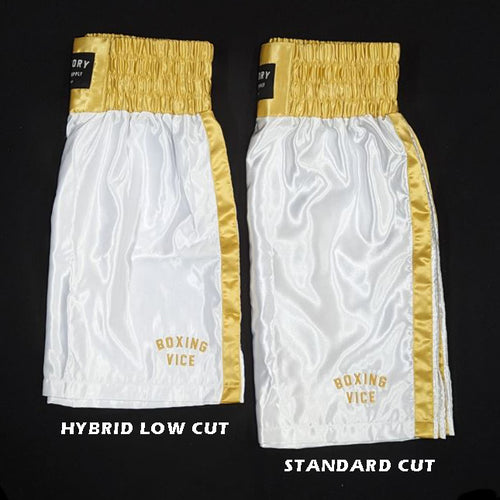 VICTORY BOXING SHORTS VICE SHORTER HYBRID CUT WHITE/GOLD