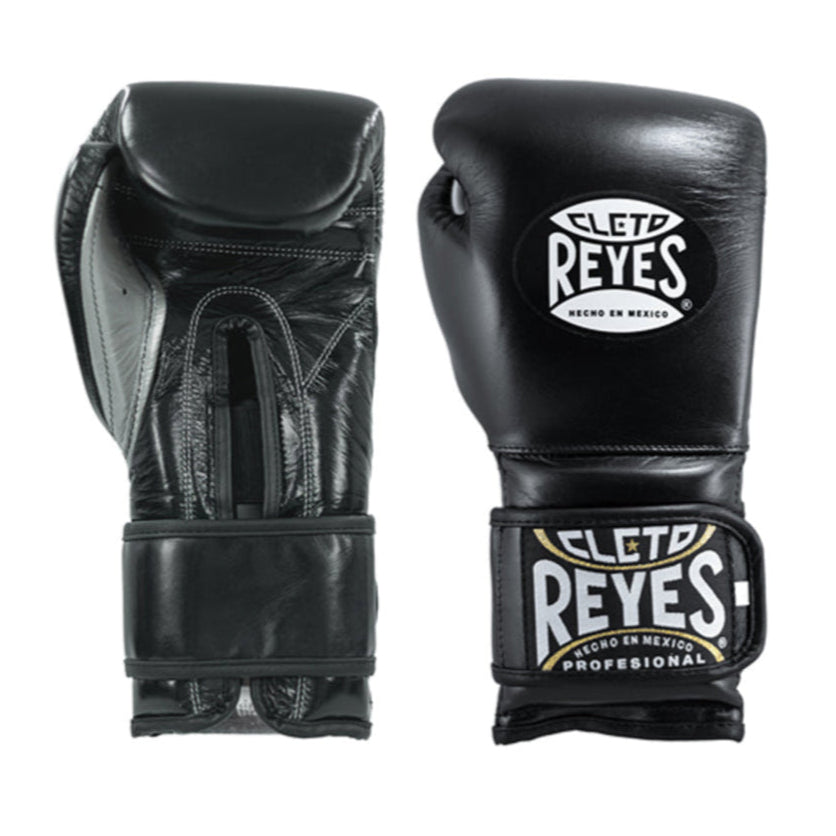 Black boxing gloves with Cleto Reyes logo on a white background