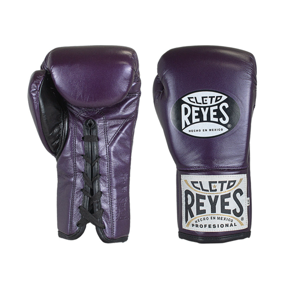 Purple boxing gloves with Cleto Reyes logo on a white background