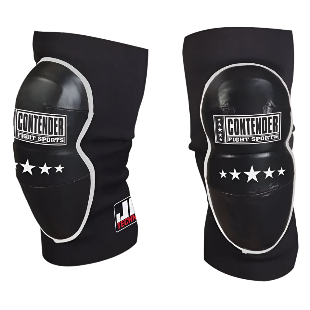 Pair of black knee pads with visible branding on a white background