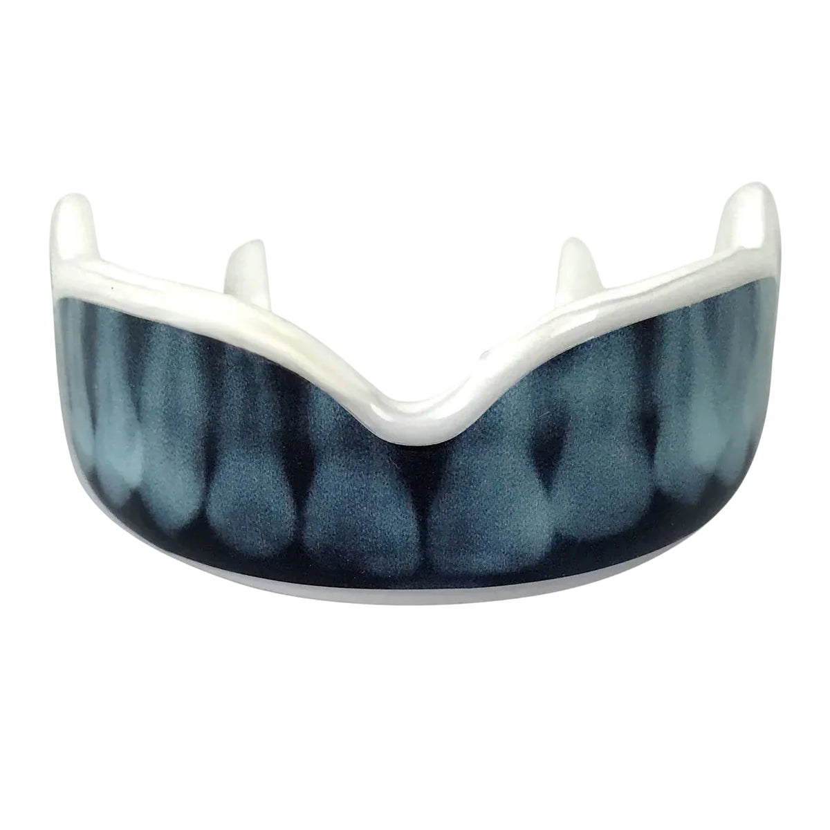 Gum shield with blue and black pattern on a white background