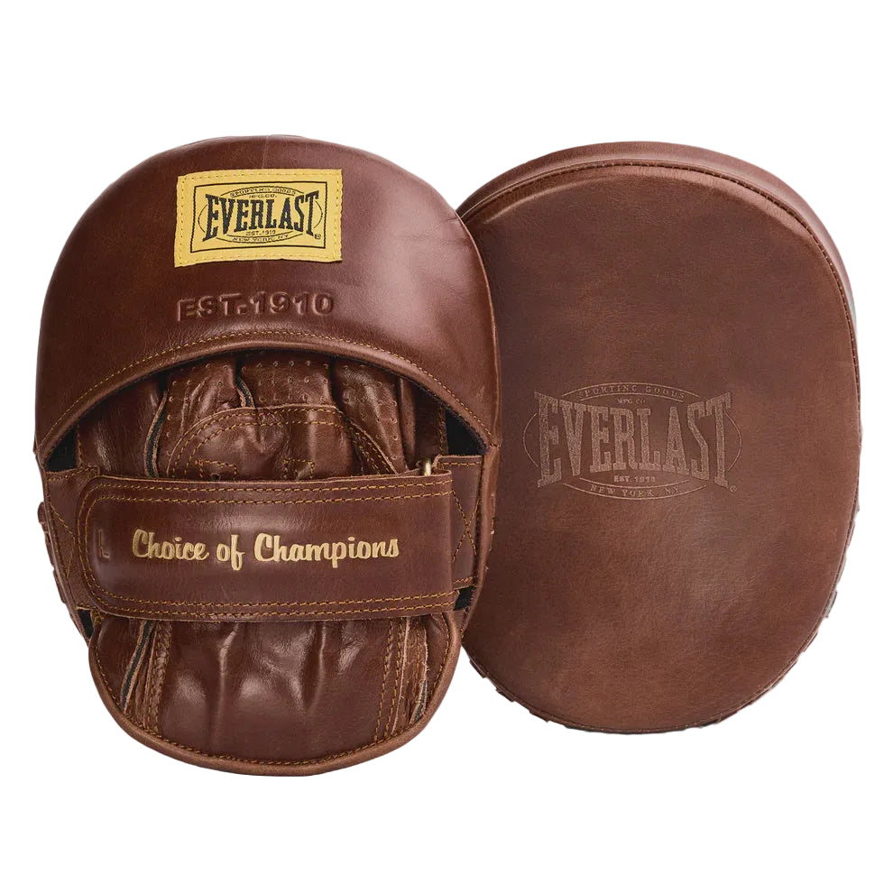 Two brown leather Everlast focus mitts on a light gray background, one showing the front with a yellow Everlast logo patch and the other showing the back with an embossed Everlast logo.
