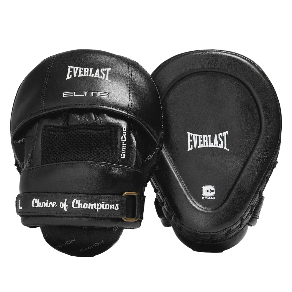 A pair of black Everlast Elite focus mitts on a light gray background, showing both the front padded target area with the Everlast logo and the back with the Everlast brand name and a small foam logo.
