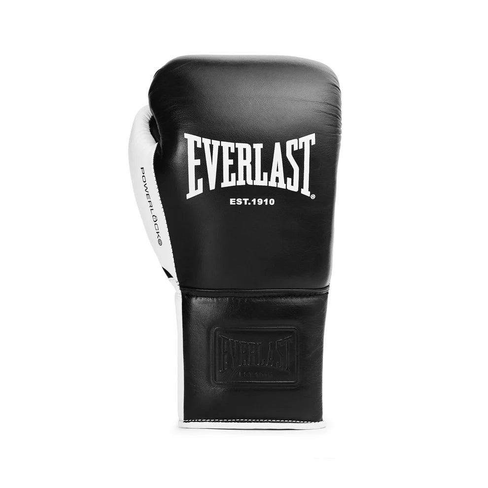 Black boxing glove with white text on a white background