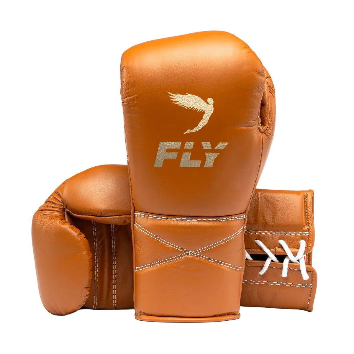 Brown boxing gloves with 'Fly' logo on a light gray background