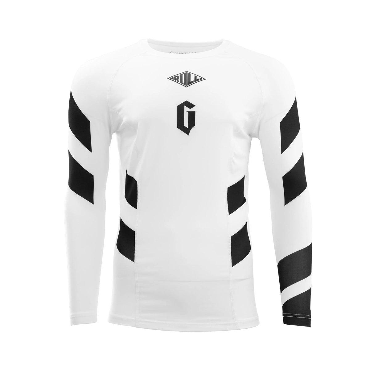White long-sleeve shirt with black geometric patterns and logos on a white background