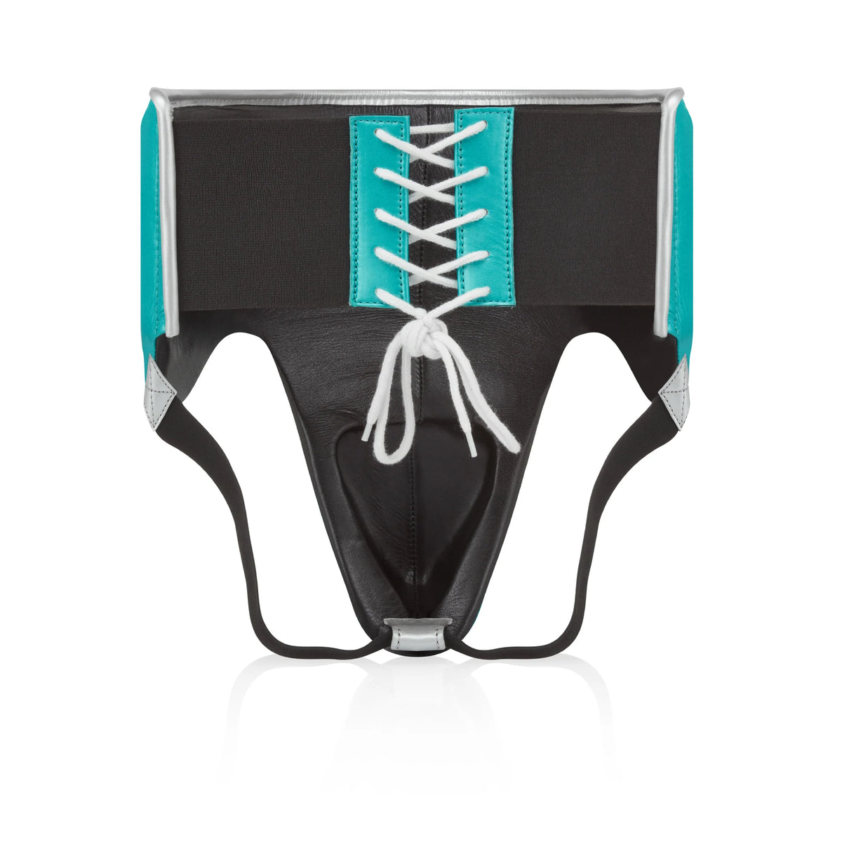 Black harness with teal accents and white laces on a white background