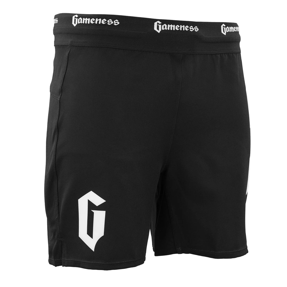 Black shorts with 'Gameness' branding on a white background