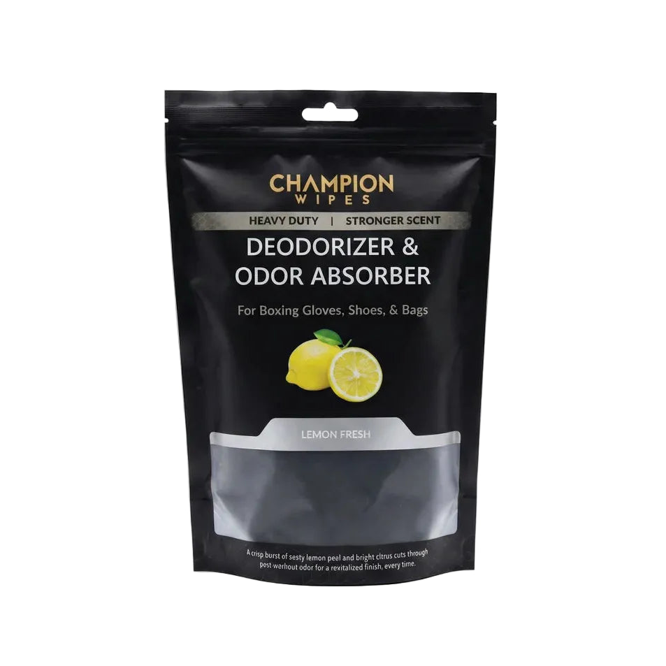 A black resealable pouch of Champion Wipes Deodorizer & Odor Absorber in Lemon Fresh scent, featuring a clear window at the bottom and a graphic of lemons on the front.