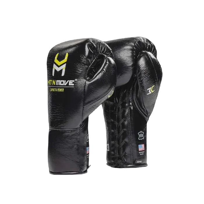 A pair of black boxing gloves with yellow and white branding, displayed against a solid black background.