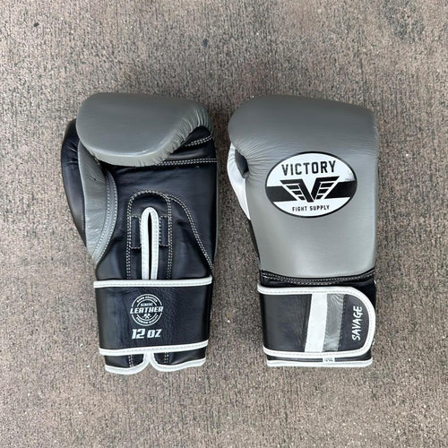 VICTORY GLOVES SAVAGE V2 LEATHER HOOK AND LOOP GREY/BLK/WHT