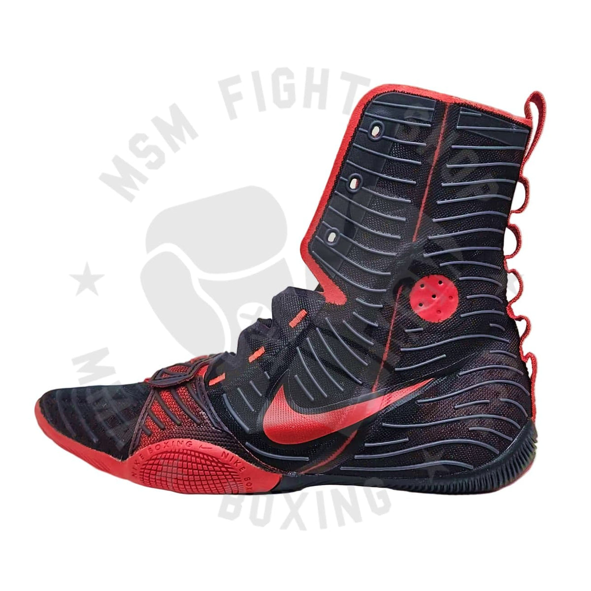 Black and red high-top sneaker with Nike logo on a white background