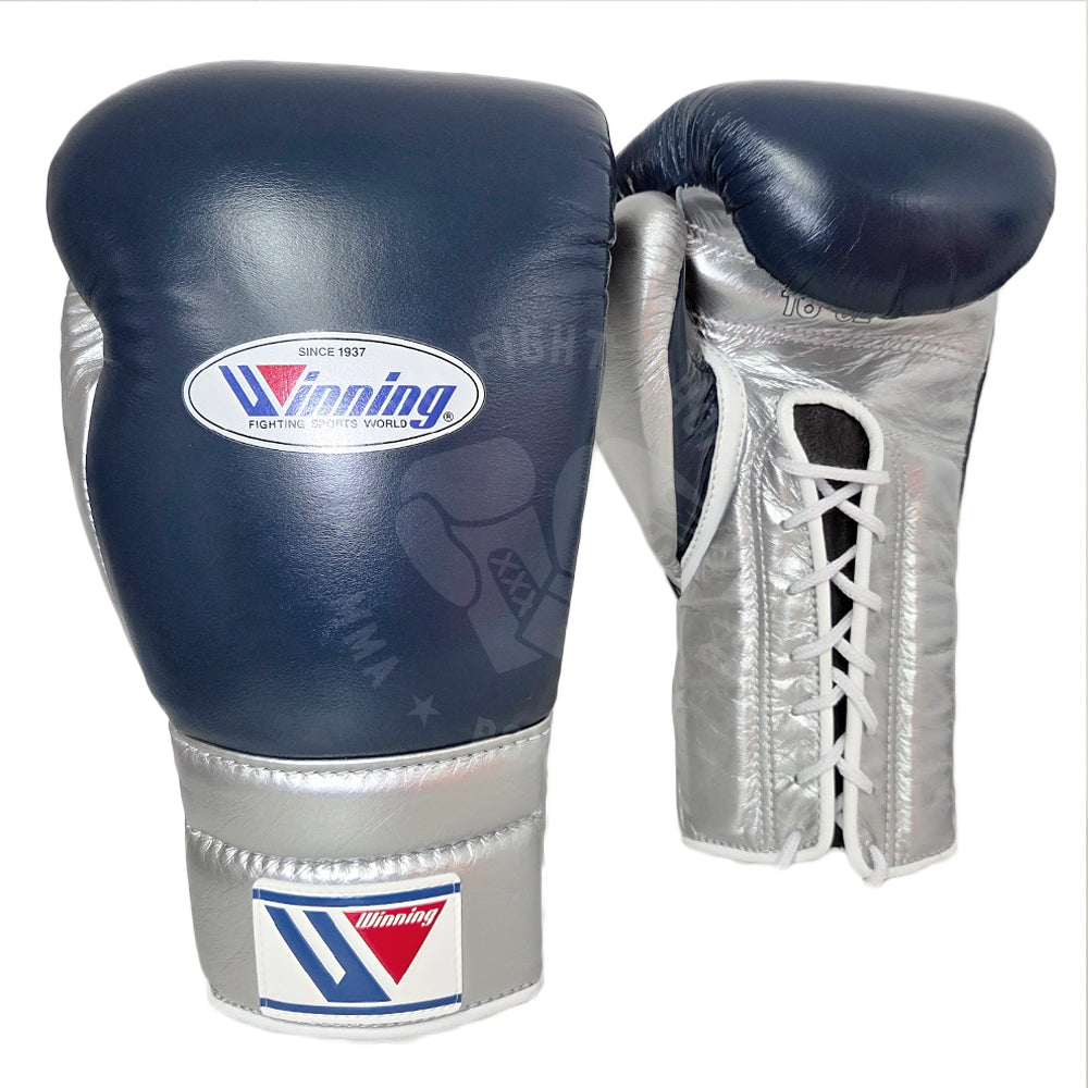 WINNING GLOVES CUSTOM LACE NAVY BLUE/SILVER – MSM FIGHT SHOP