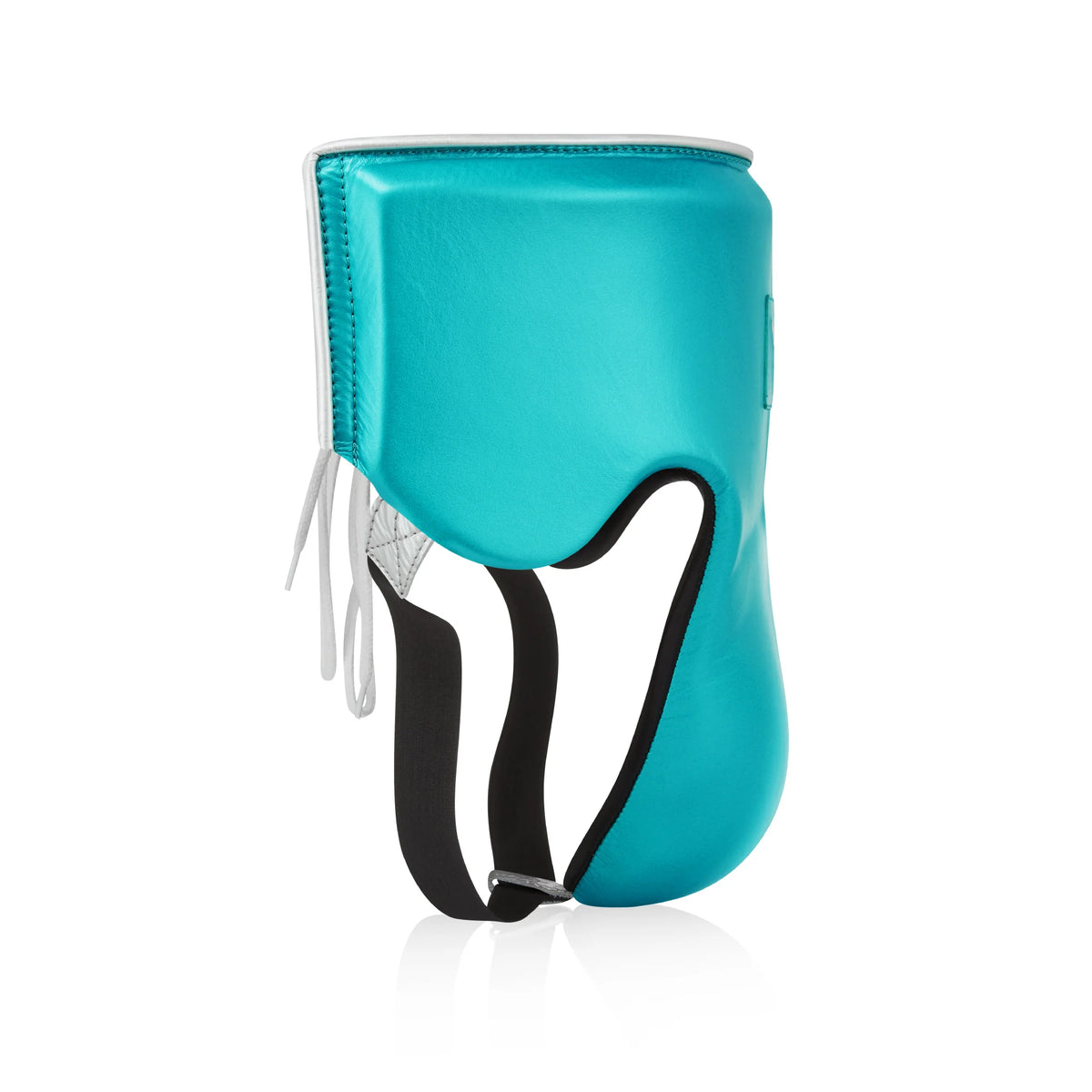 Turquoise athletic cup with black straps on a white background
