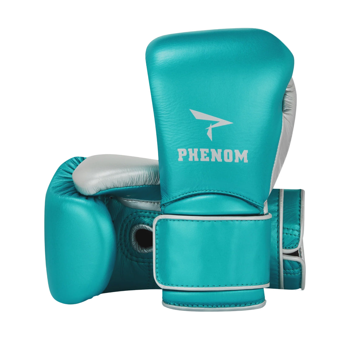 Turquoise boxing gloves with Phenom logo on a white background
