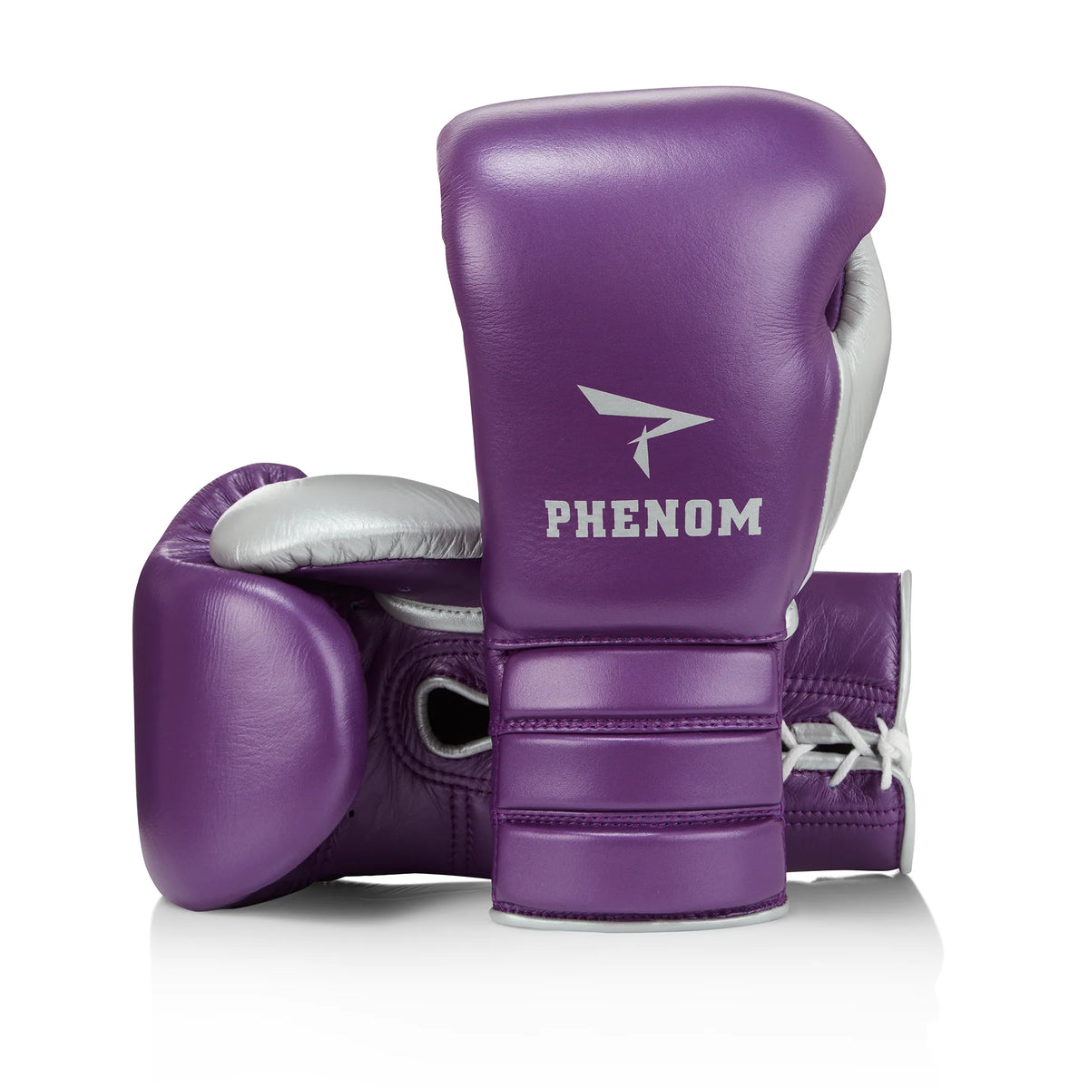 Purple boxing gloves with white accents and 'PHENOM' branding on a white background