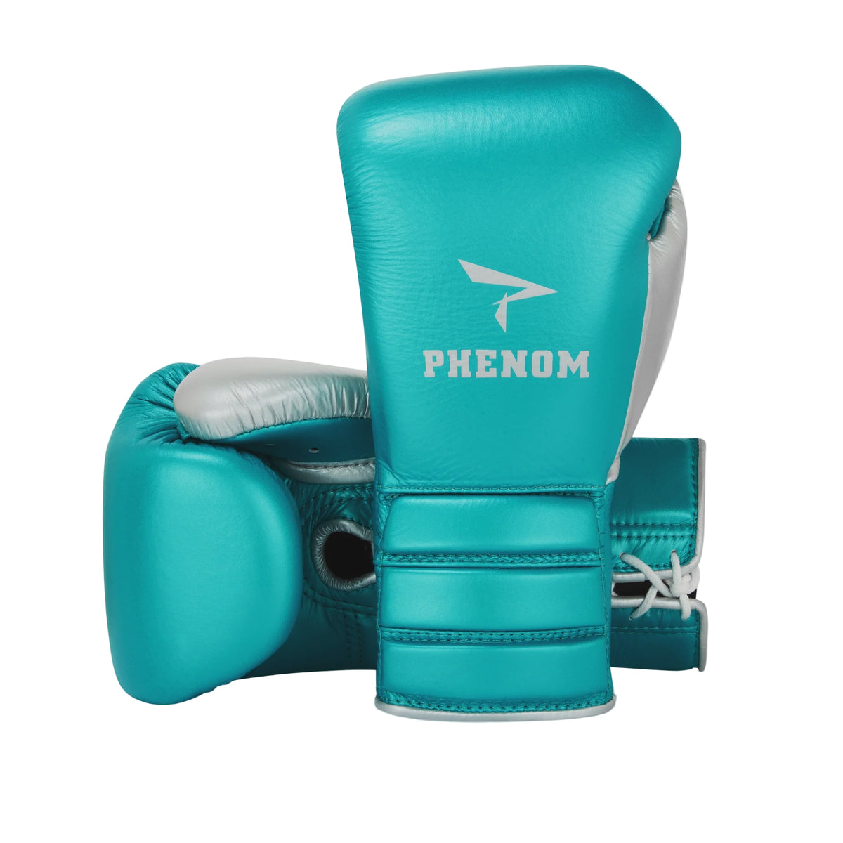 Turquoise boxing gloves with Phenom logo on a white background