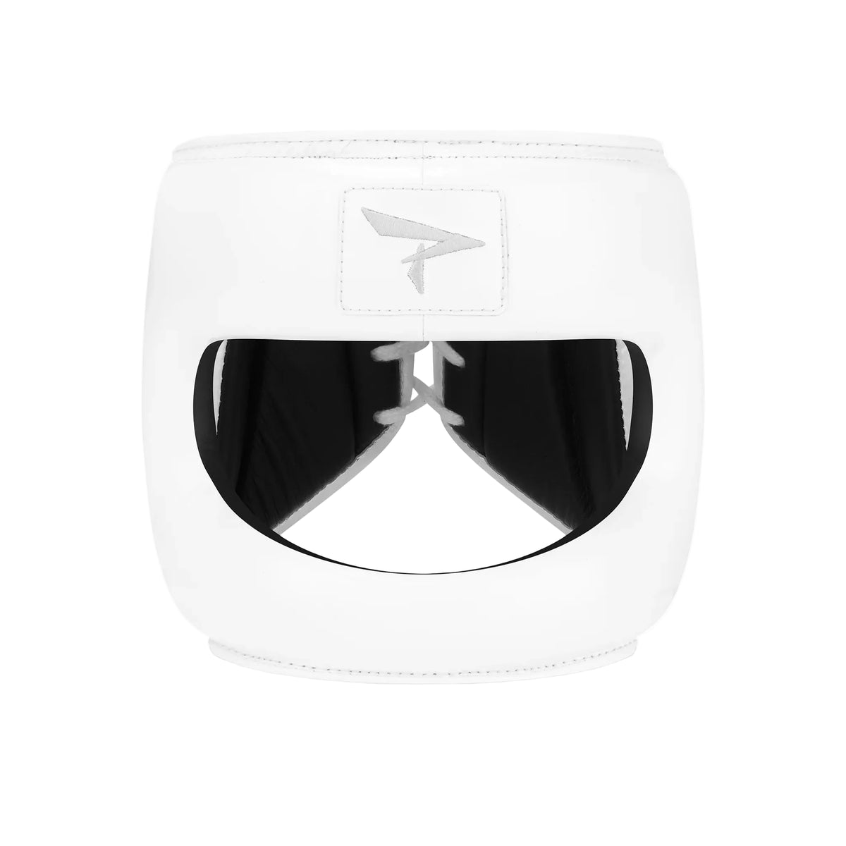 A white boxing headguard with a large black visor and a silver logo patch on the forehead, shown against a clean white background.