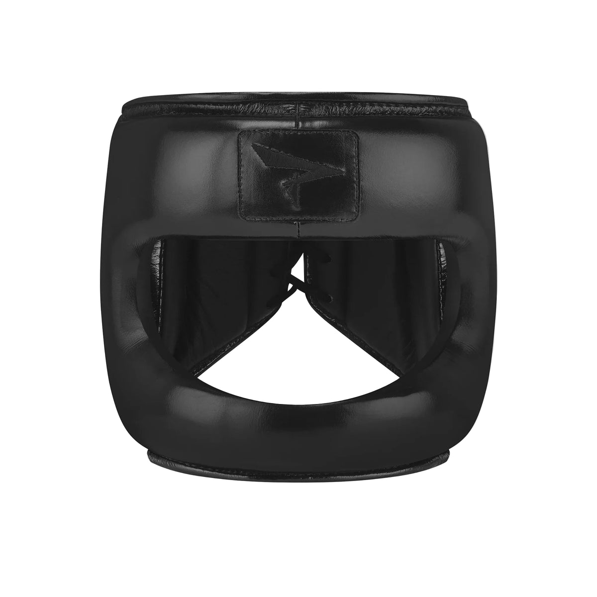 A black boxing headguard with a glossy finish, featuring a padded chin strap and a small logo patch on the forehead, set against a light gray background with a subtle reflection.