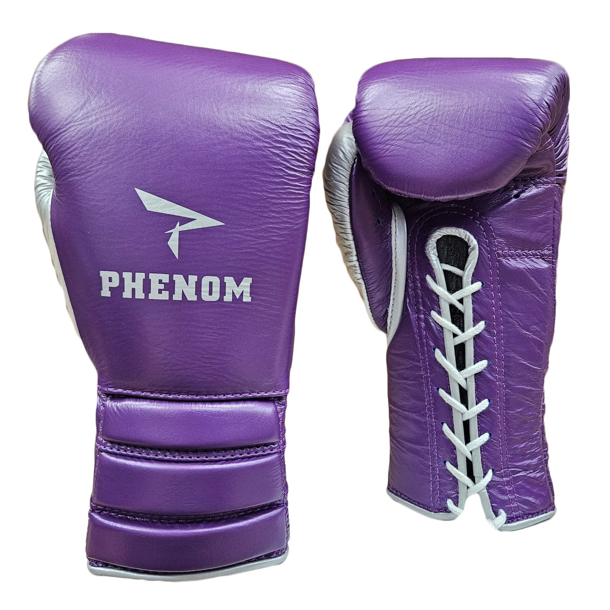 Purple boxing gloves with white accents and 'PHENOM' branding on a white background