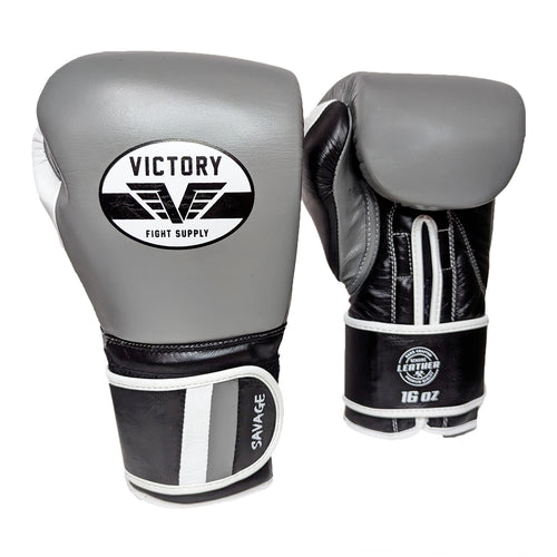 VICTORY GLOVES SAVAGE V2 LEATHER HOOK AND LOOP GREY/BLK/WHT