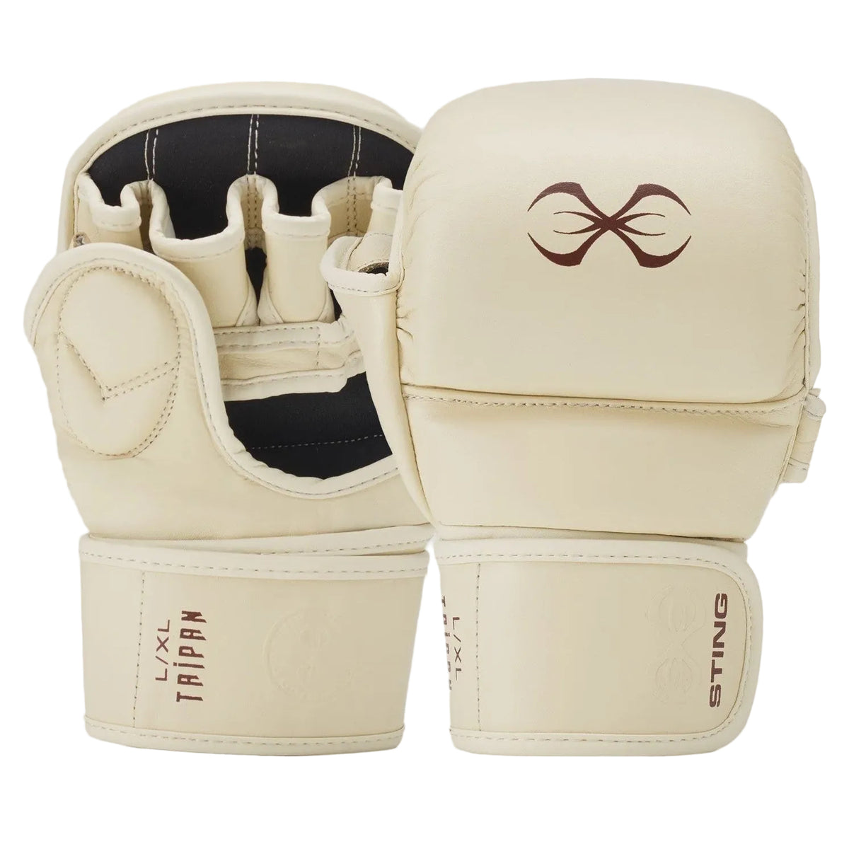 Beige martial arts gloves with brand logo on a white background