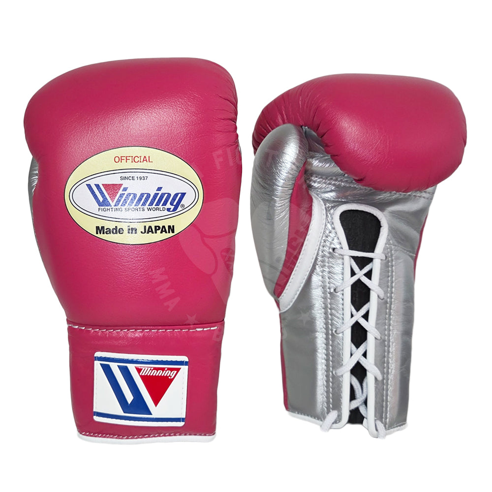 WINNING GLOVES PRO FIGHT CUSTOM LACE UP PINK/ SILVER 10OZ