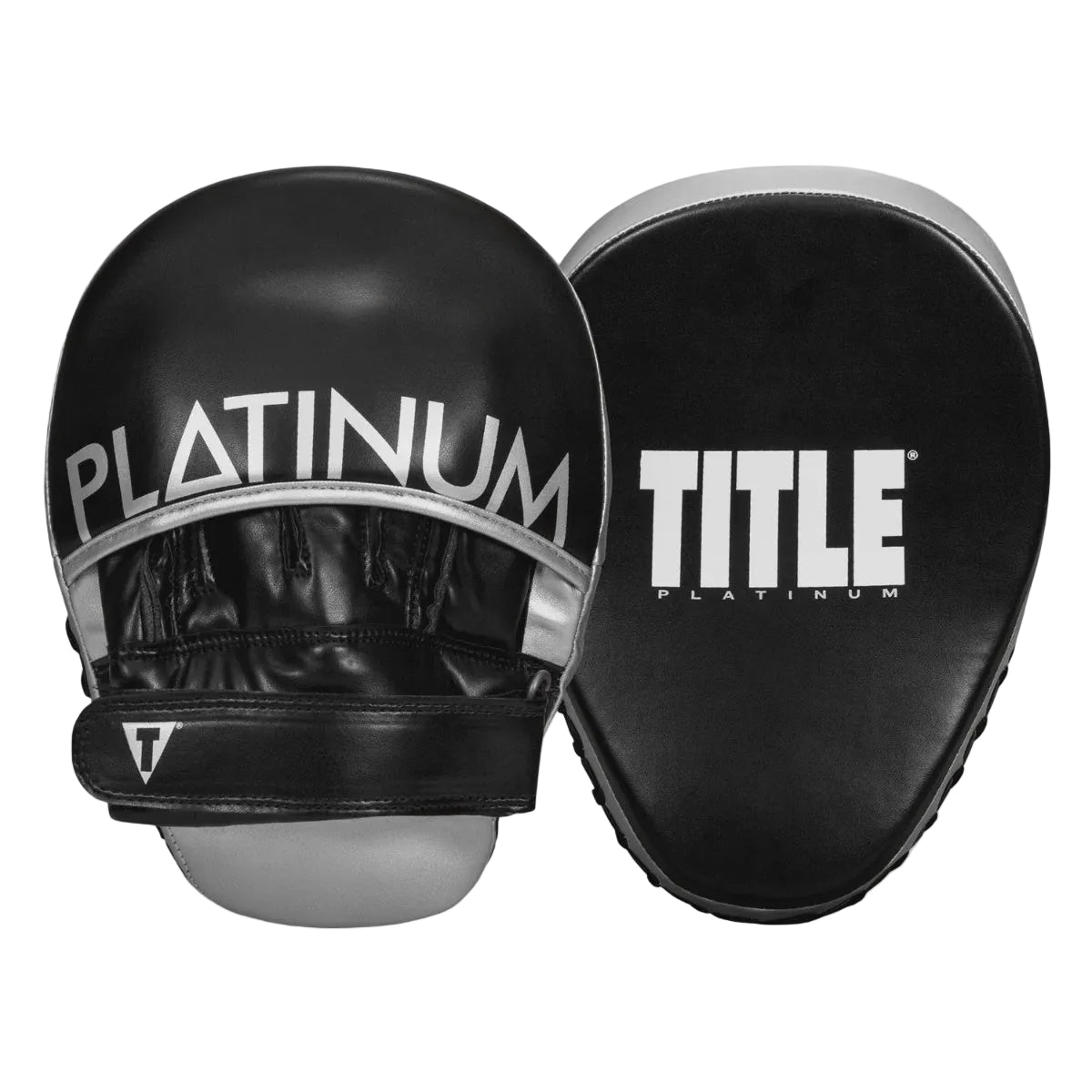 Two black boxing focus mitts with white branding, one showing the front with 'PLATINUM' text and the other showing the back with 'TITLE PLATINUM' text, on a light gray background.