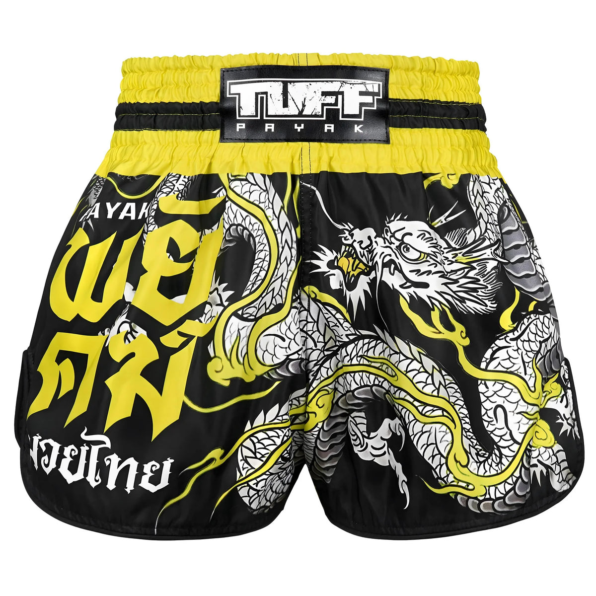 TUFF MUAY THAI SHORTS HIGH CUT RETRO PAYAK RISING BLACK/YELLOW