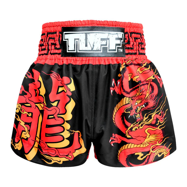 TUFF MUAY THAI SHORTS RED DRAGON IN BLACK RED/DRAGON