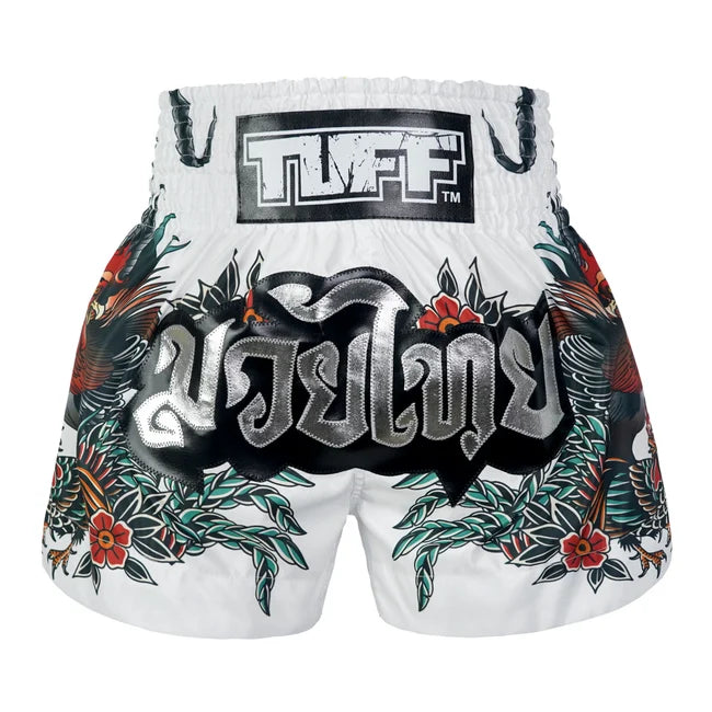 TUFF MUAY THAI SHORTS THAI ROOSTER ORIGIN WHITE/SILVER