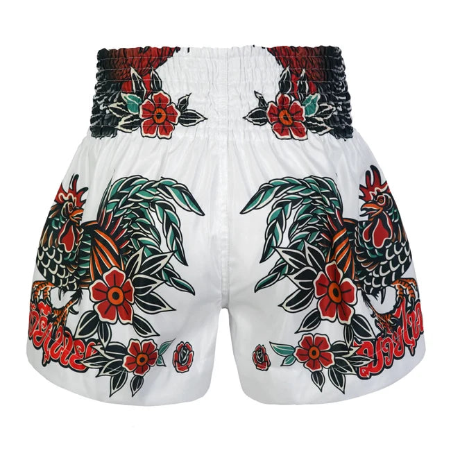 TUFF MUAY THAI SHORTS THAI ROOSTER ORIGIN WHITE/SILVER